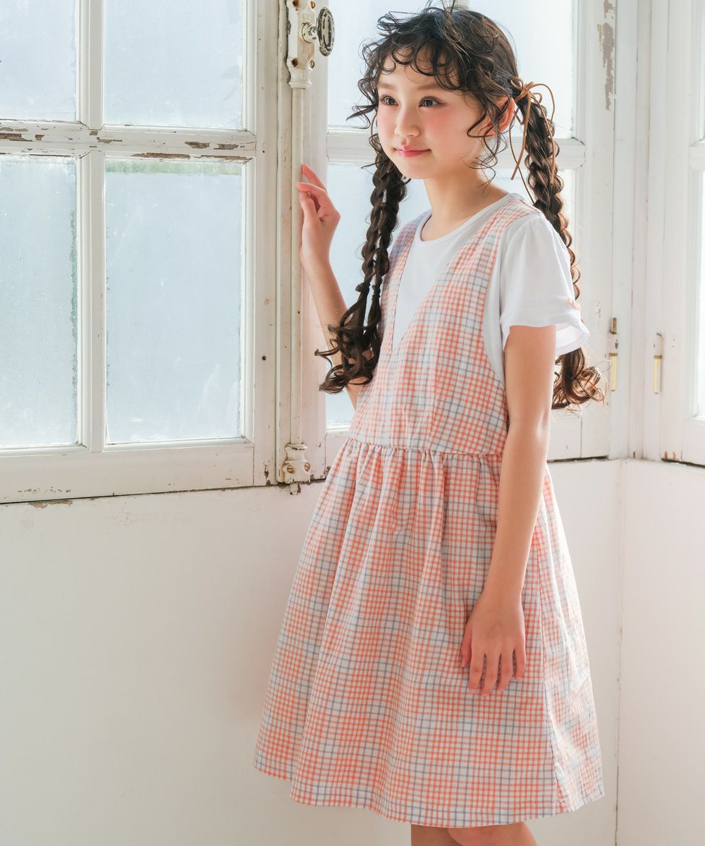 子供服 女の子 綿100％ 重ね着風 チェック ワンピース オレンジ(07) モデル画像1