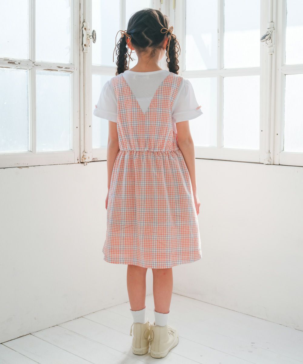 子供服 女の子 綿100％ 重ね着風 チェック ワンピース オレンジ(07) モデル画像2
