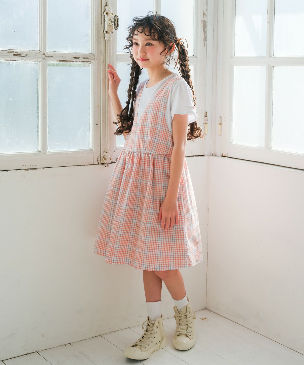 子供服 女の子 綿100％ 重ね着風 チェック ワンピース オレンジ(07) モデル画像3