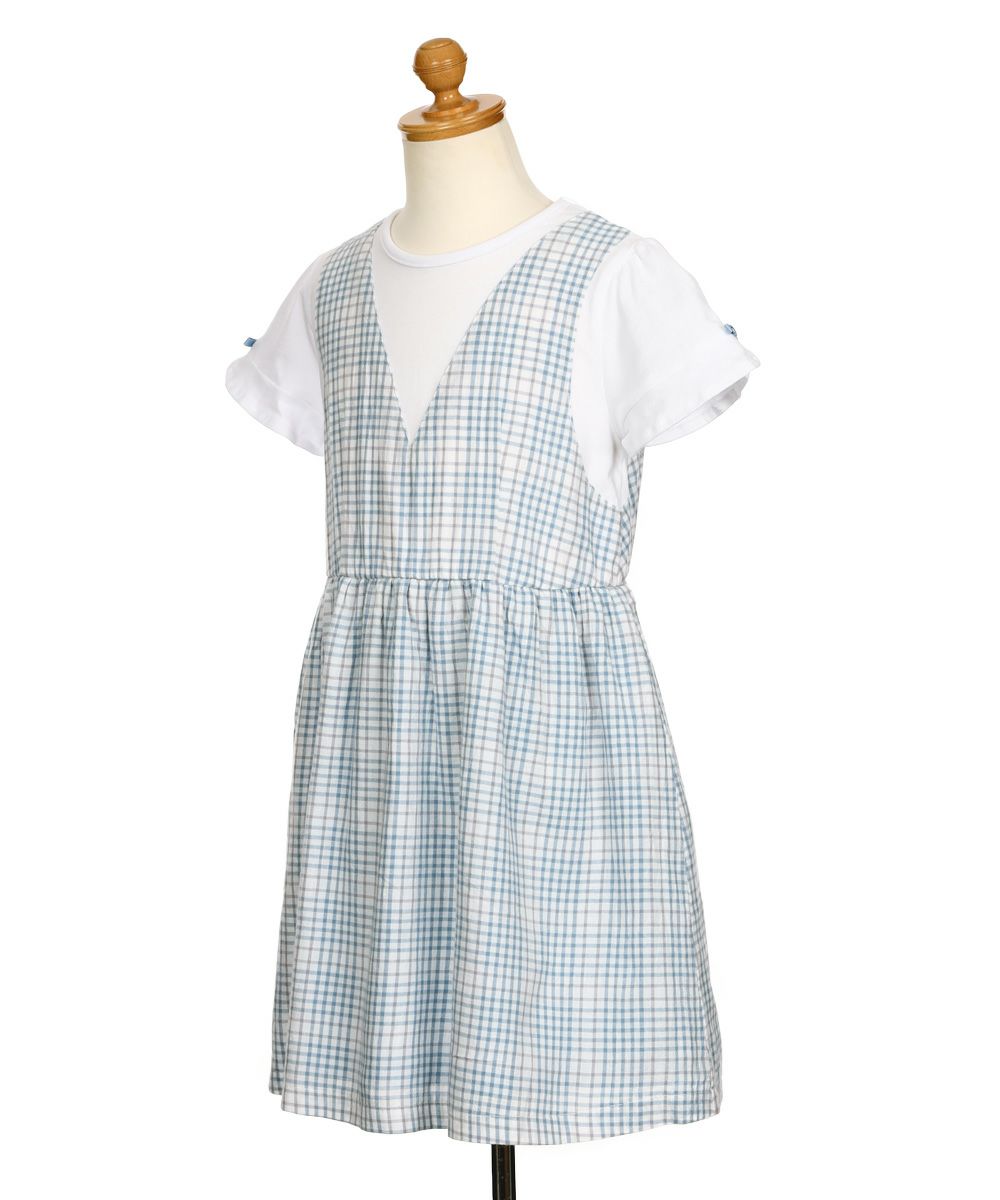 子供服 女の子 綿100％ 重ね着風 チェック ワンピース ブルー(61) トルソー斜め
