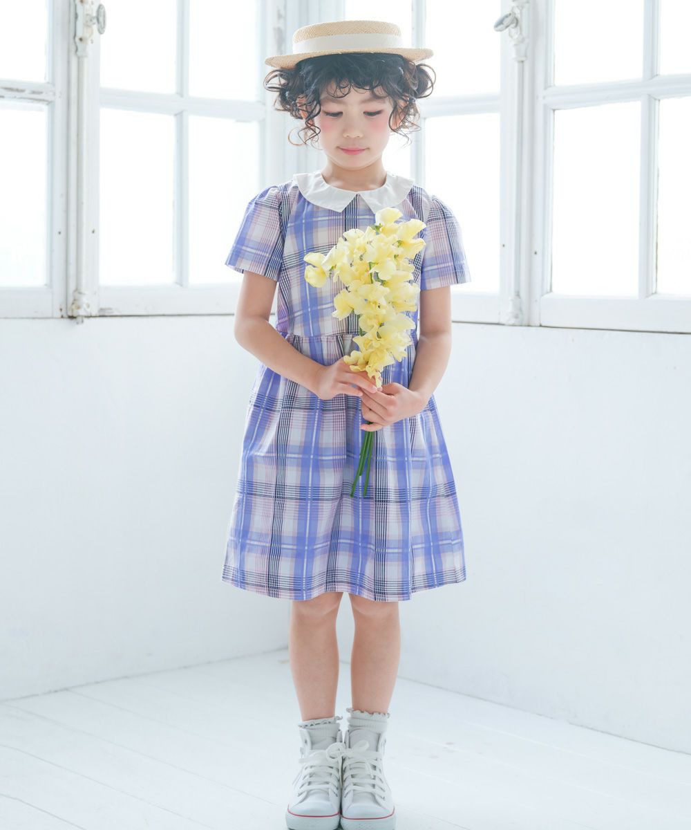 子供服 女の子 チェック柄 襟付き ワンピース ブルー(61) モデル画像1