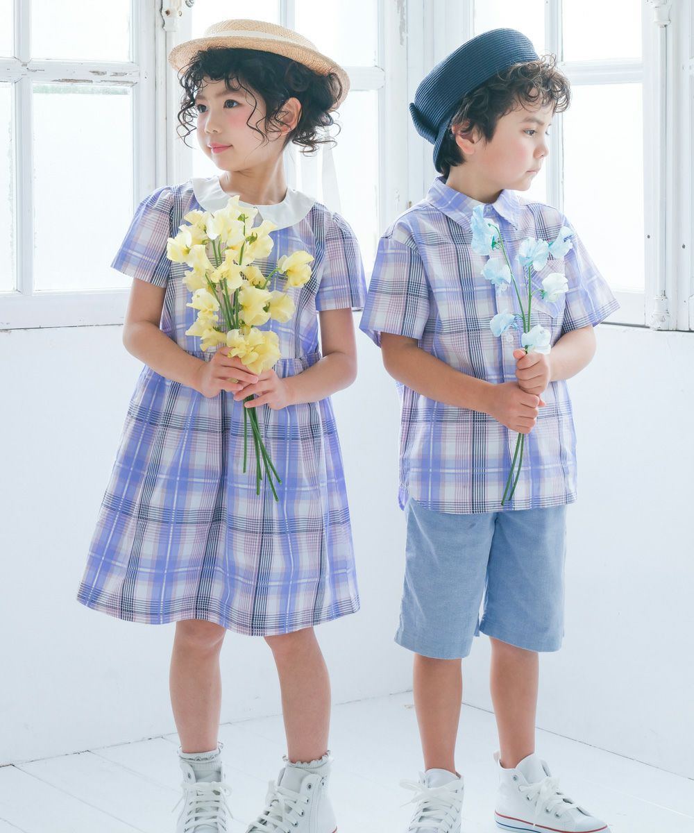 子供服 女の子 チェック柄 襟付き ワンピース ブルー(61) モデル画像3