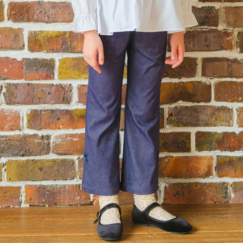 ベビー服 女の子 デニムツイルニット リボンつき フルレングスパンツ