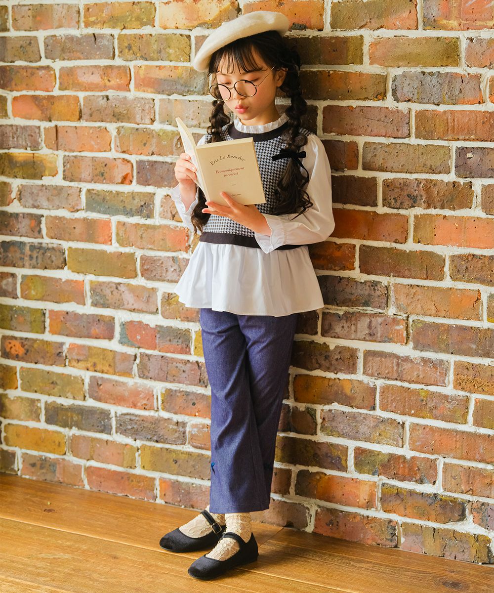 ベビー服 女の子 デニムツイルニット リボンつき フルレングスパンツ ネイビー(06) モデル画像1