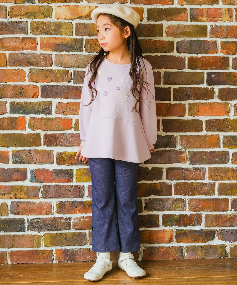 ベビー服 女の子 デニムツイルニット リボンつき フルレングスパンツ ネイビー(06) モデル画像2