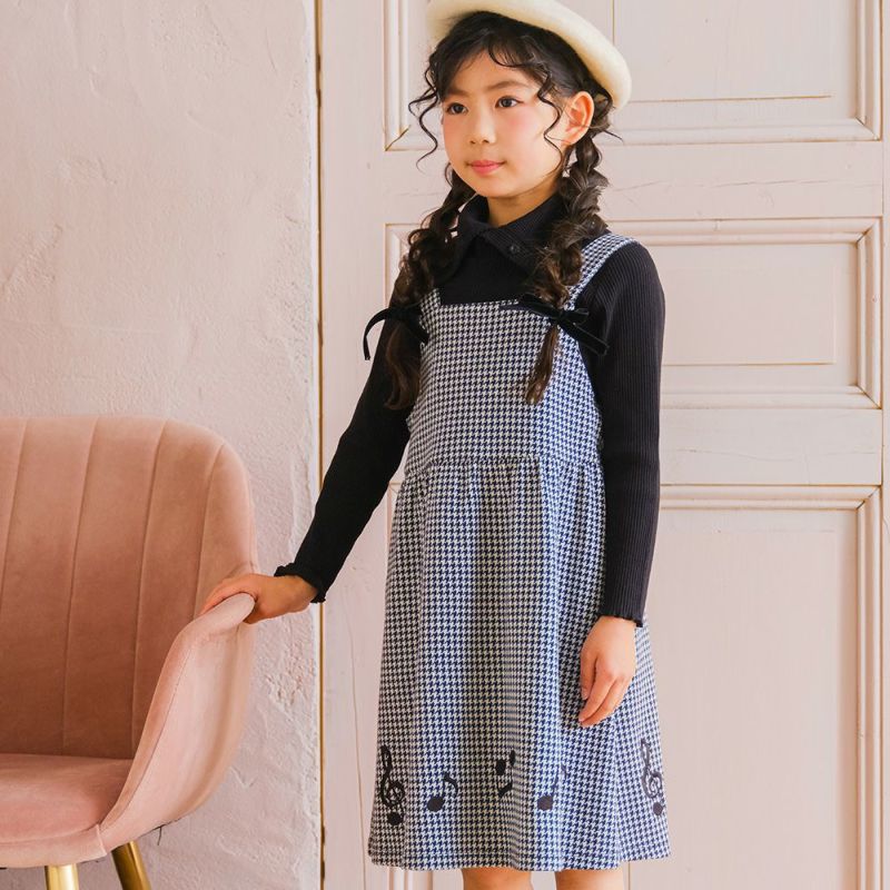 ベビー服 女の子 千鳥柄 音符刺繍 ワンピース