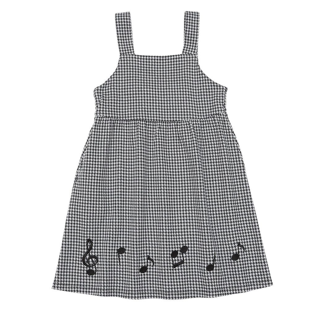 ベビー服 女の子 千鳥柄 音符刺繍 ワンピース ホワイト×ブラック(10) 正面
