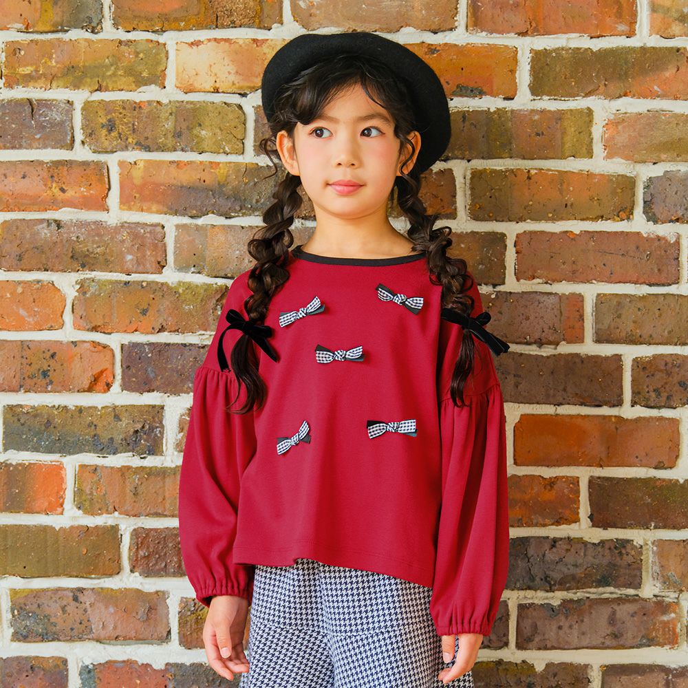 子供服 女の子 子ども服 キッズ ジュニア チェック リボン つき ギャザー パフスリーブ ふんわり袖
