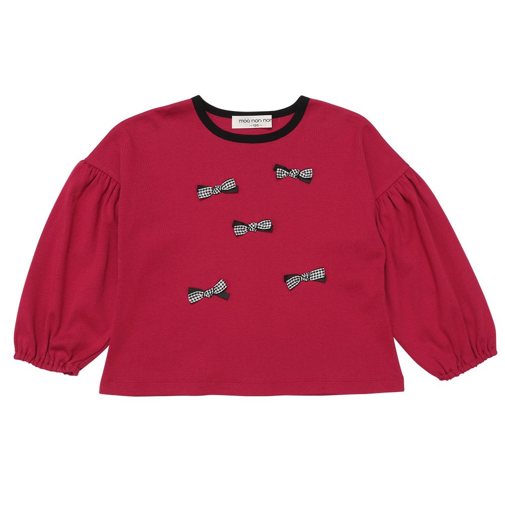 子供服 女の子 子ども服 キッズ ジュニア チェック リボン つき ギャザー パフスリーブ ふんわり袖 レッド(03) 正面