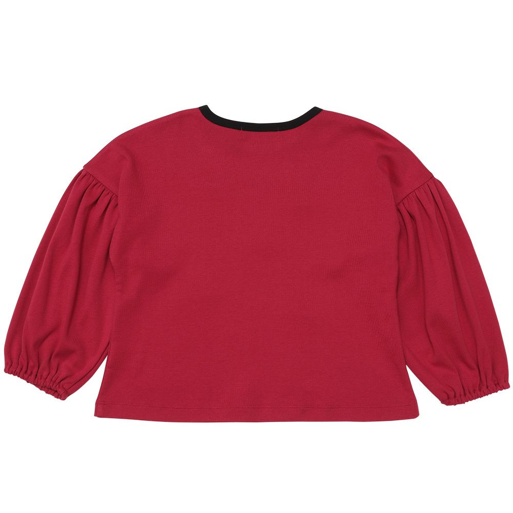 子供服 女の子 子ども服 キッズ ジュニア チェック リボン つき ギャザー パフスリーブ ふんわり袖 レッド(03) 背面
