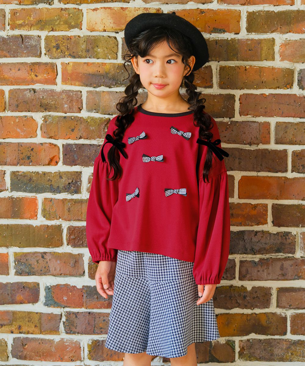 子供服 女の子 子ども服 キッズ ジュニア チェック リボン つき ギャザー パフスリーブ ふんわり袖 レッド(03) モデル画像アップ