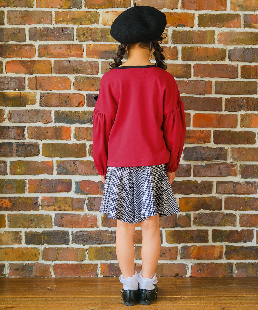 子供服 女の子 子ども服 キッズ ジュニア チェック リボン つき ギャザー パフスリーブ ふんわり袖 レッド(03) モデル画像全身