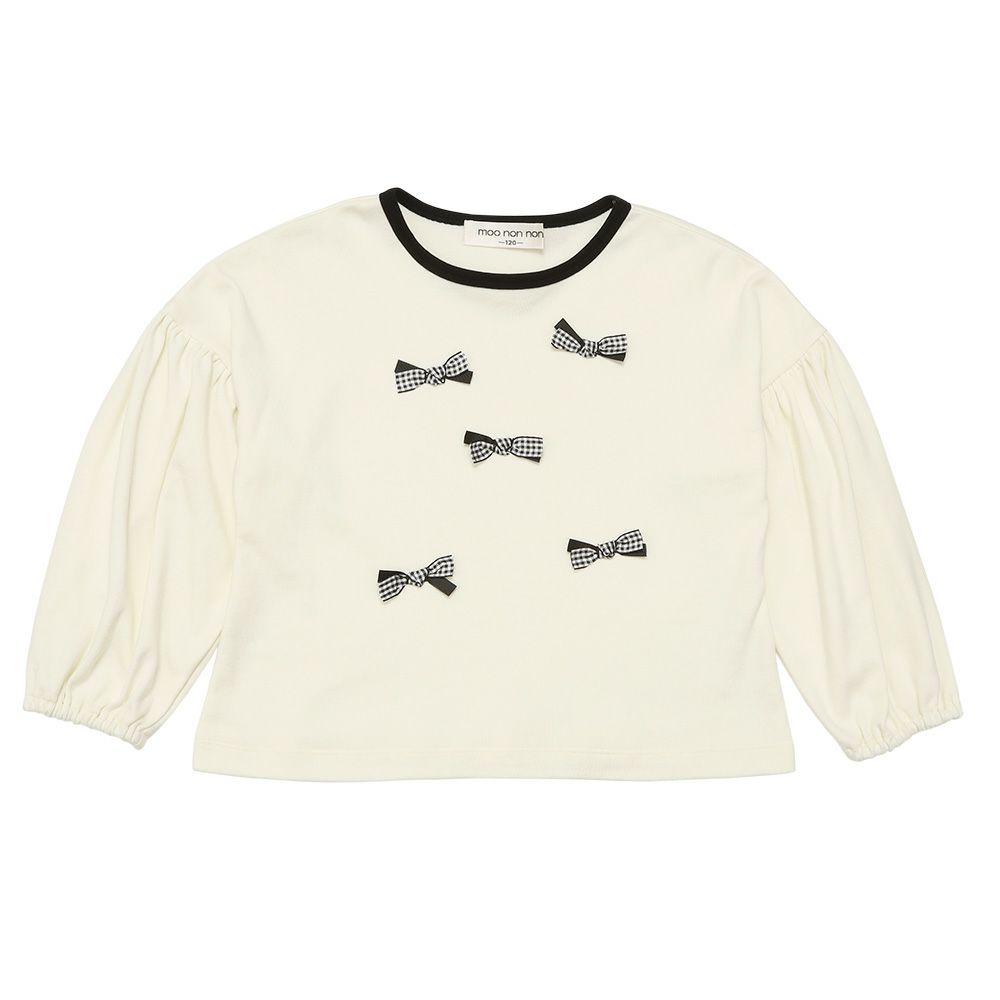 子供服 女の子 子ども服 キッズ ジュニア チェック リボン つき ギャザー パフスリーブ ふんわり袖 オフホワイト(11) 正面