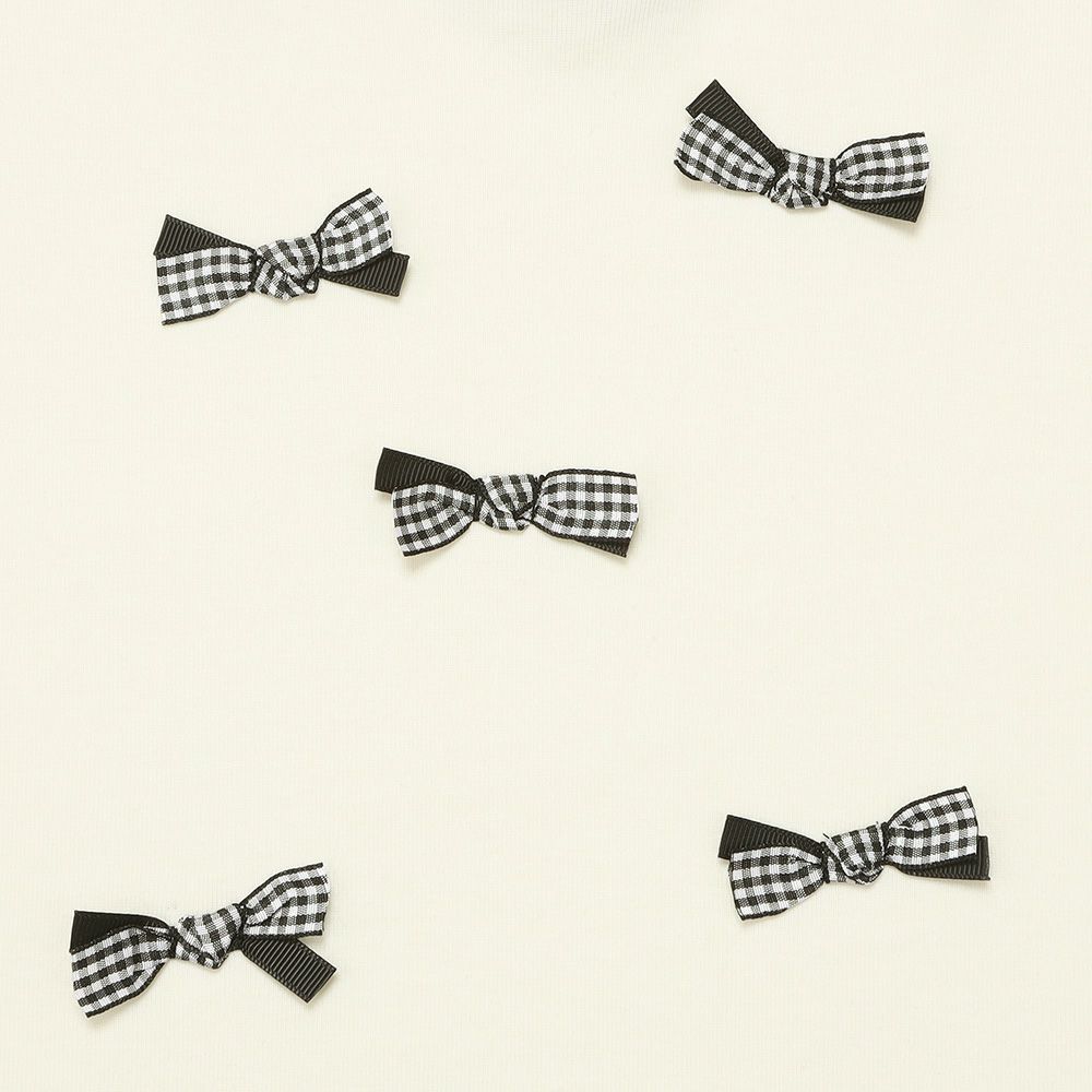 子供服 女の子 子ども服 キッズ ジュニア チェック リボン つき ギャザー パフスリーブ ふんわり袖 オフホワイト(11) デザインポイント1