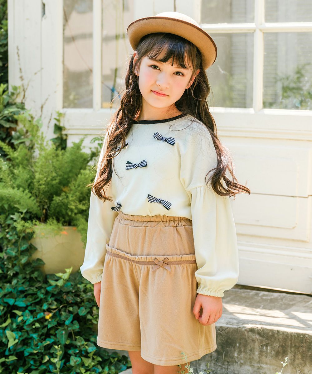 子供服 女の子 子ども服 キッズ ジュニア チェック リボン つき ギャザー パフスリーブ ふんわり袖 オフホワイト(11) モデル画像1