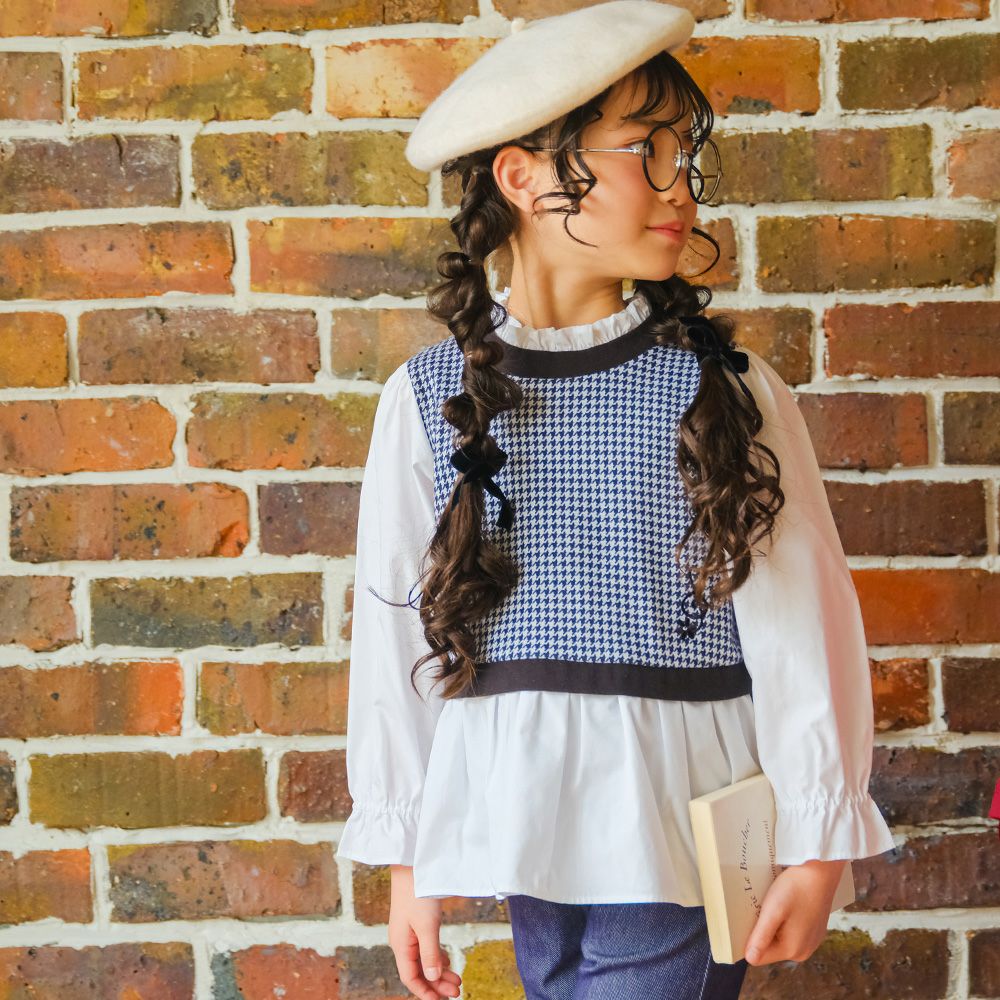 ベビー服 女の子 千鳥柄 音符刺繍 重ね着風Tシャツ