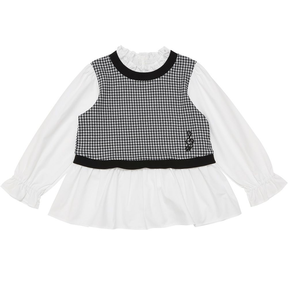 ベビー服 女の子 千鳥柄 音符刺繍 重ね着風Tシャツ ホワイト×ブラック(10) 正面