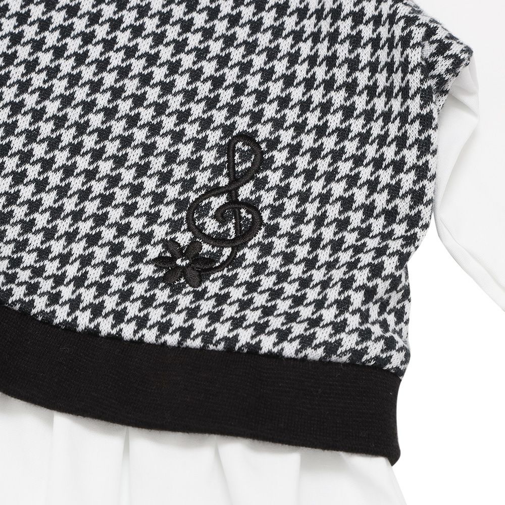 ベビー服 女の子 千鳥柄 音符刺繍 重ね着風Tシャツ ホワイト×ブラック(10) デザインポイント1