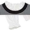 ベビー服 女の子 千鳥柄 音符刺繍 重ね着風Tシャツ ホワイト×ブラック(10) デザインポイント2