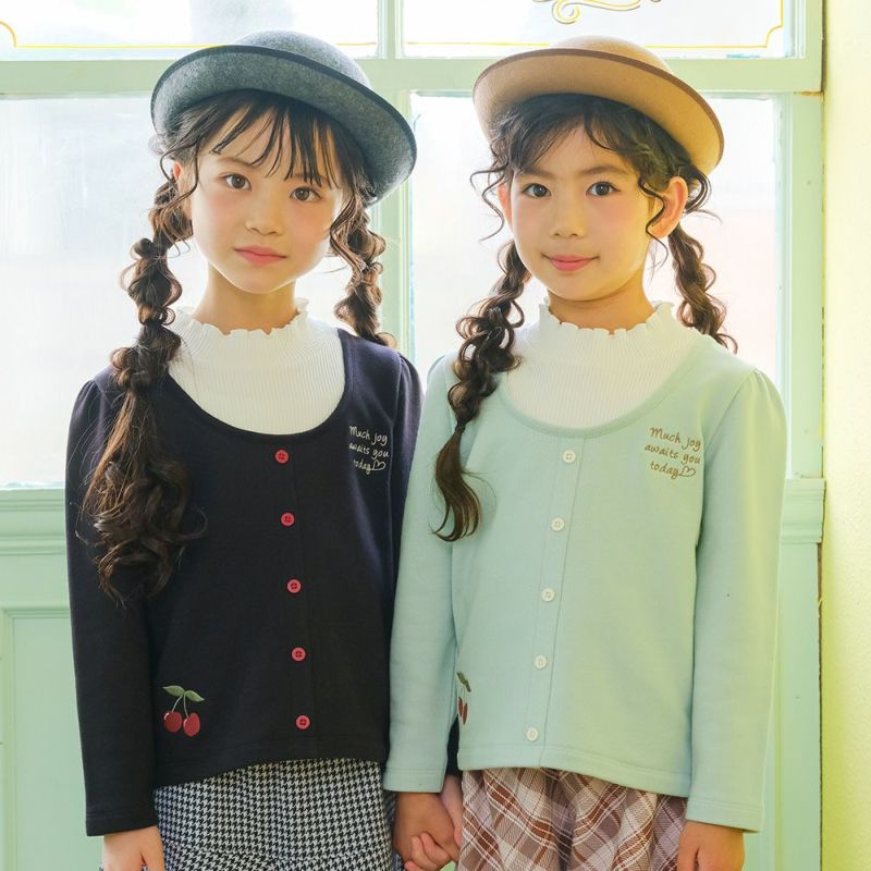 子供服 女の子 チェリー刺繍 重ね着風 飾りボタン 裏毛トレーナー