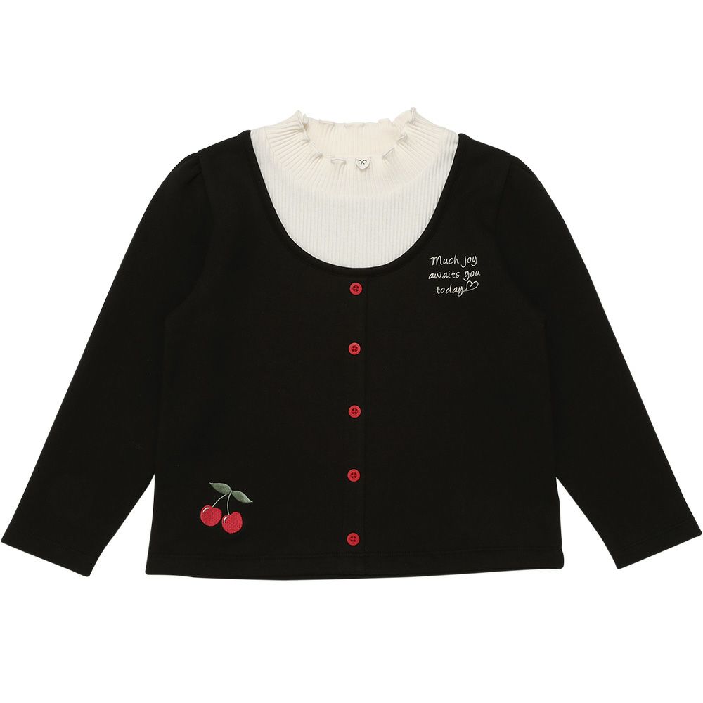 子供服 女の子 チェリー刺繍 重ね着風 飾りボタン 裏毛トレーナー ブラック(00) 正面