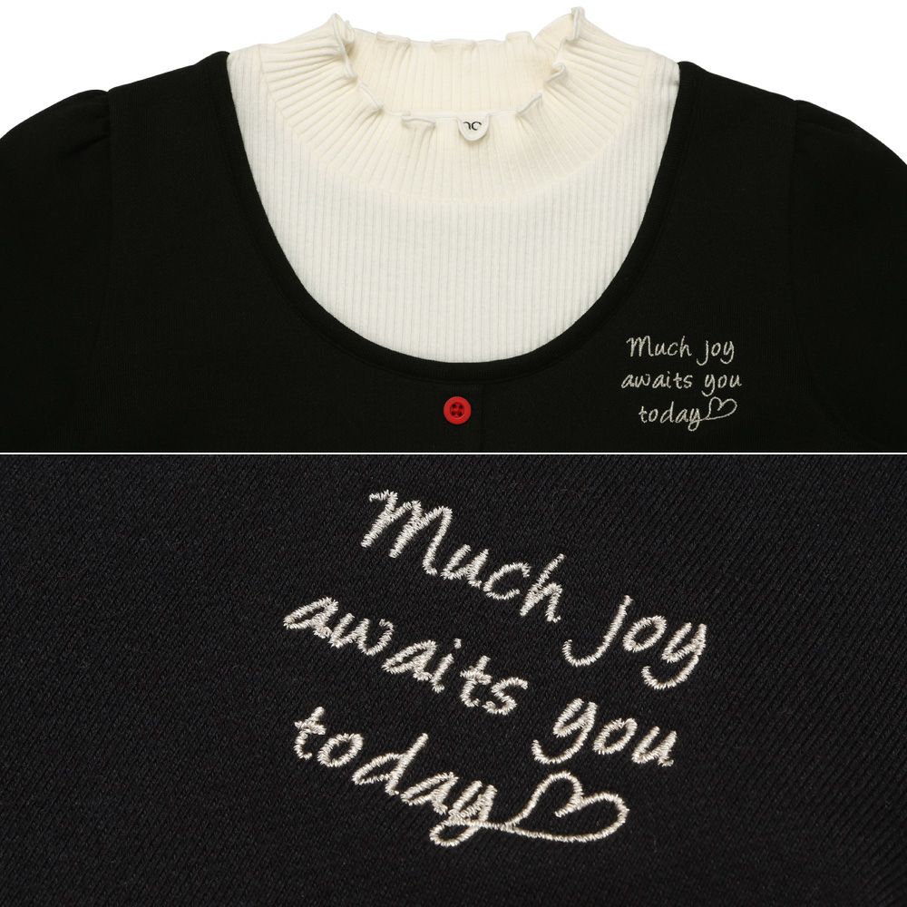 子供服 女の子 チェリー刺繍 重ね着風 飾りボタン 裏毛トレーナー ブラック(00) デザインポイント2