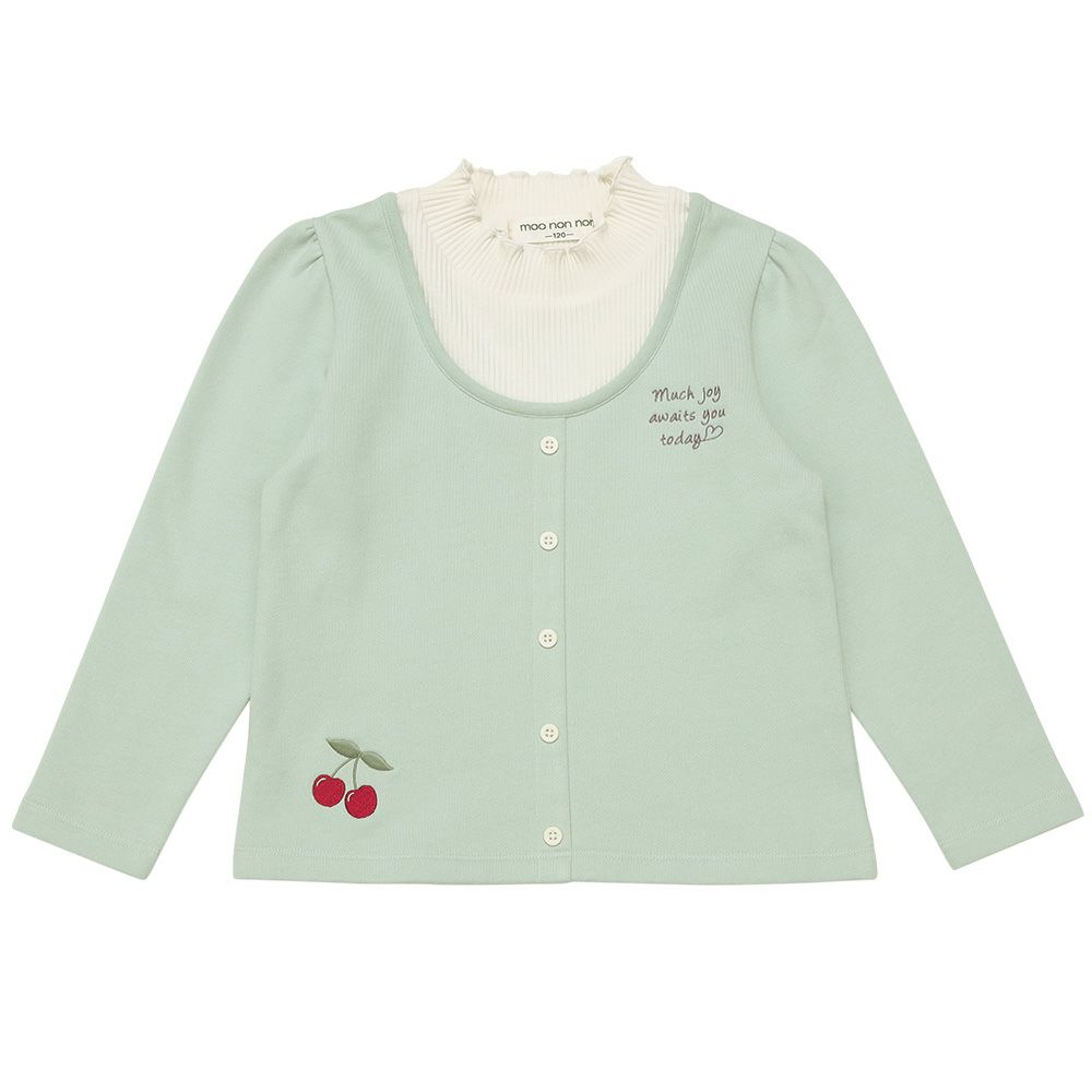 子供服 女の子 チェリー刺繍 重ね着風 飾りボタン 裏毛トレーナー グリーン(08) 正面