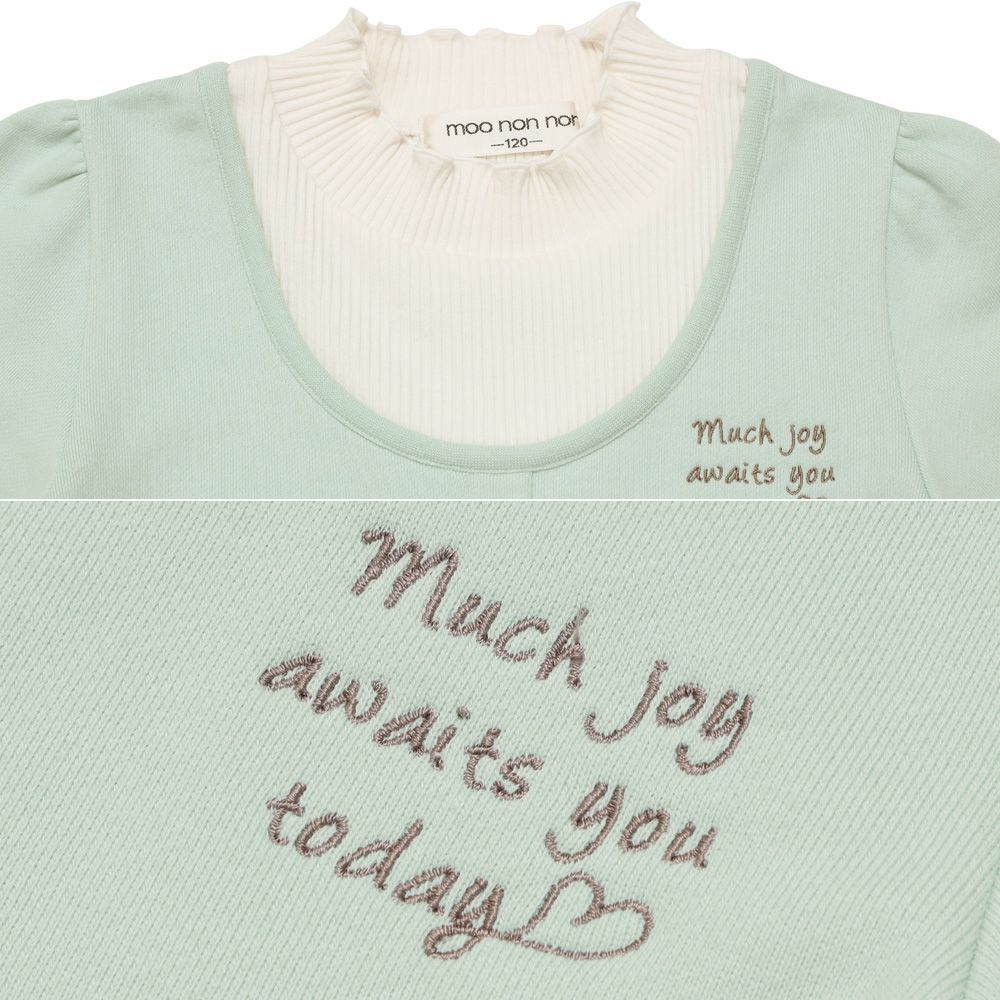 子供服 女の子 チェリー刺繍 重ね着風 飾りボタン 裏毛トレーナー グリーン(08) デザインポイント2