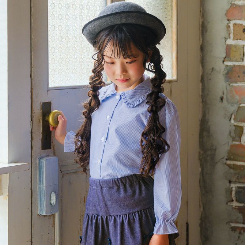 子供服 女の子 ストライプ柄 フリル襟付き ブラウス