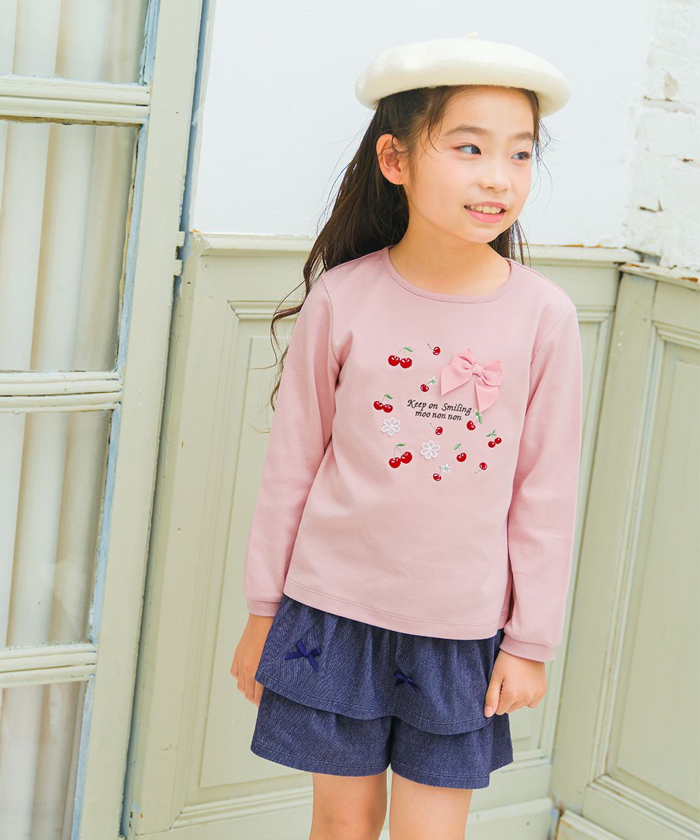 ベビー服 女の子 デニムツイルニット フリルキュロットパンツ ネイビー(06) モデル画像アップ