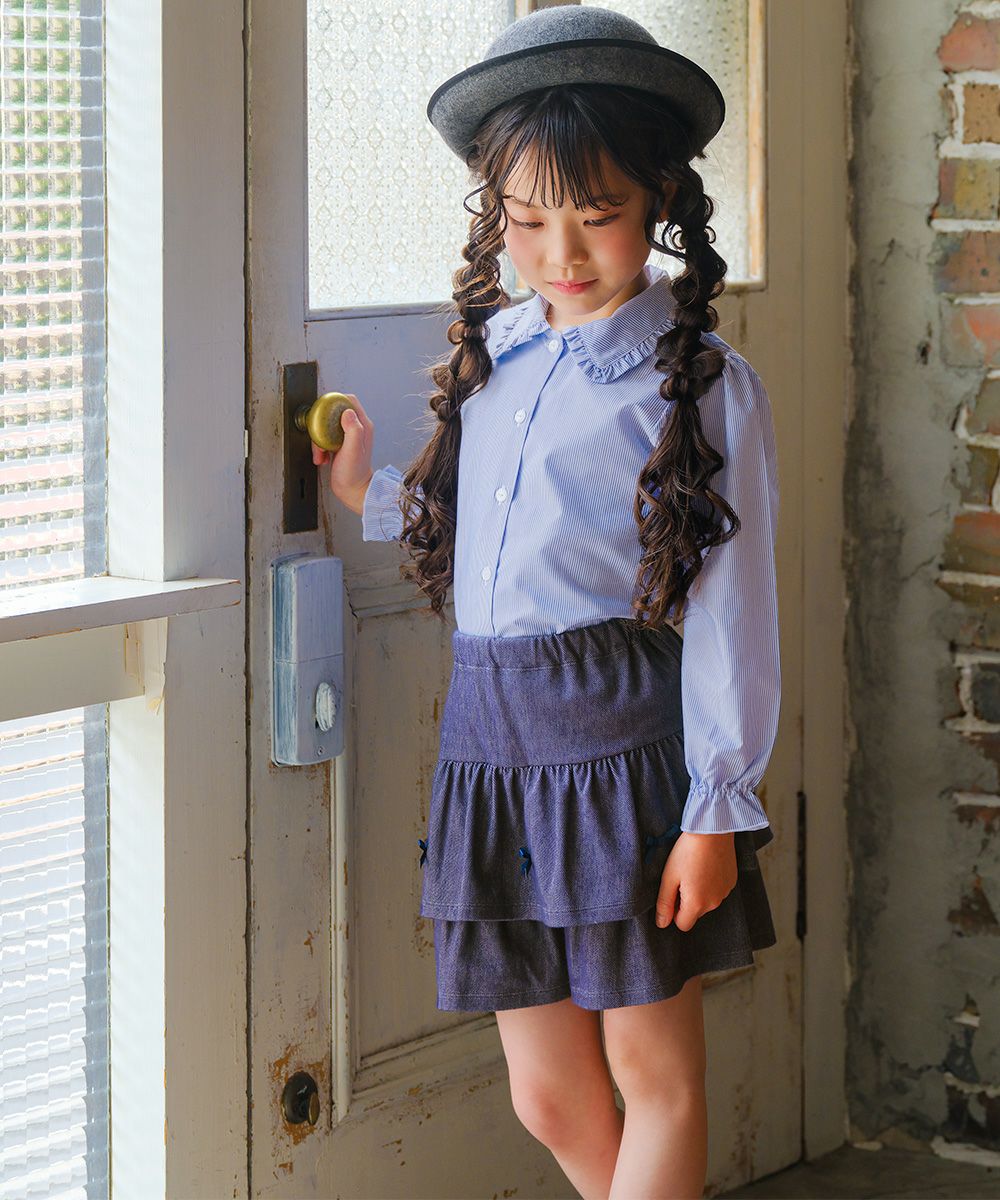 ベビー服 女の子 デニムツイルニット フリルキュロットパンツ ネイビー(06) モデル画像1