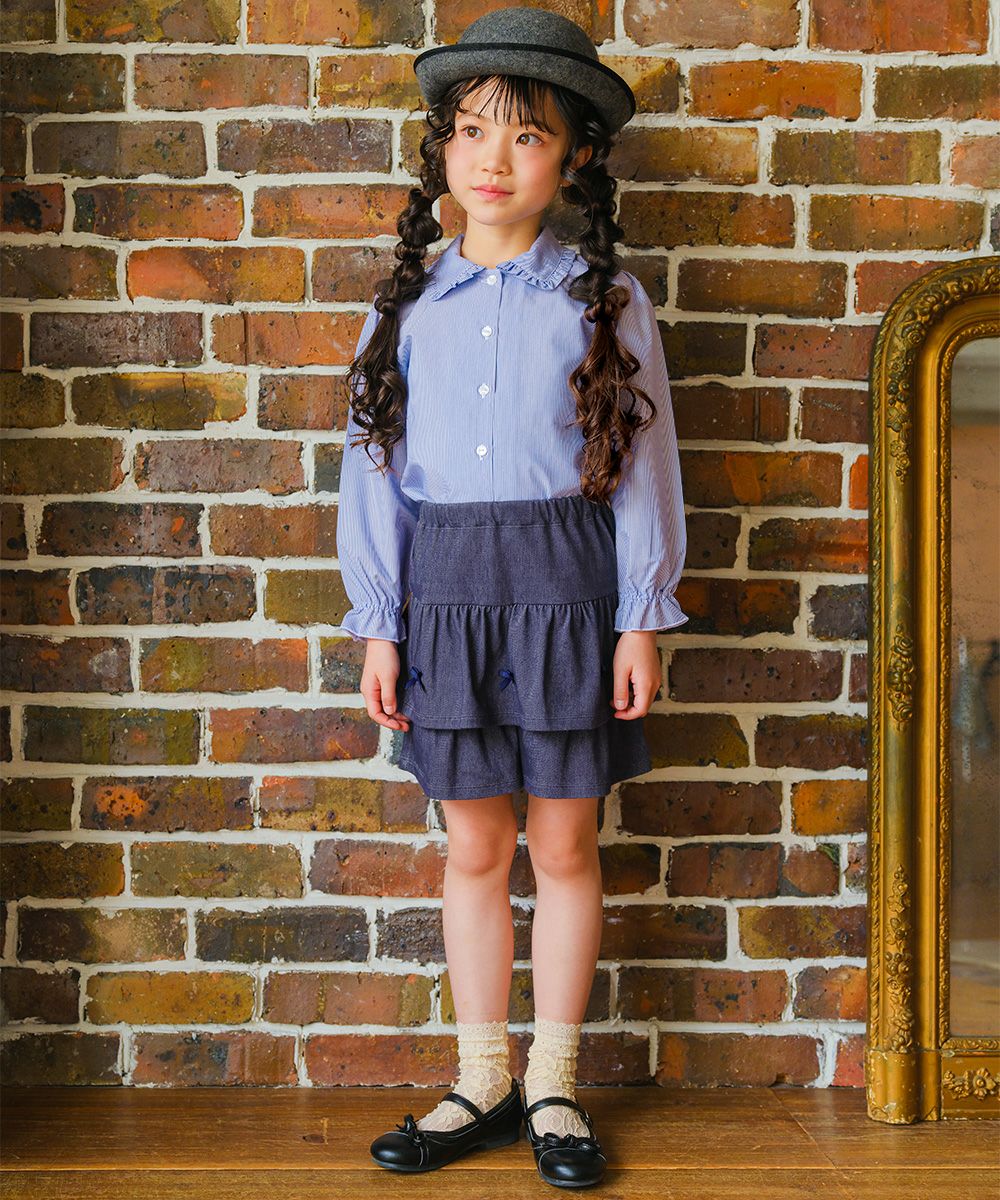 ベビー服 女の子 デニムツイルニット フリルキュロットパンツ ネイビー(06) モデル画像4