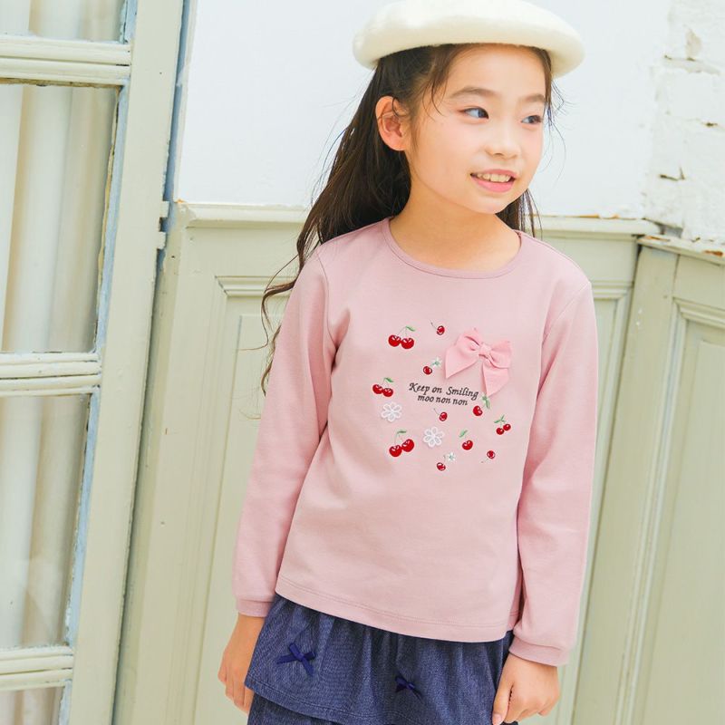 ベビー服 女の子 チェリー ロゴ刺繍 リボンつきTシャツ