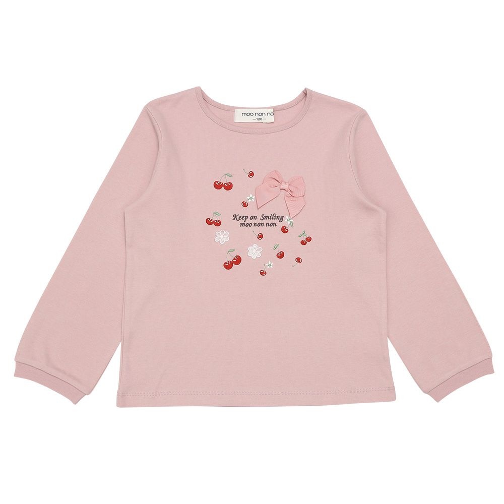 ベビー服 女の子 チェリー ロゴ刺繍 リボンつきTシャツ ピンク(02) 正面