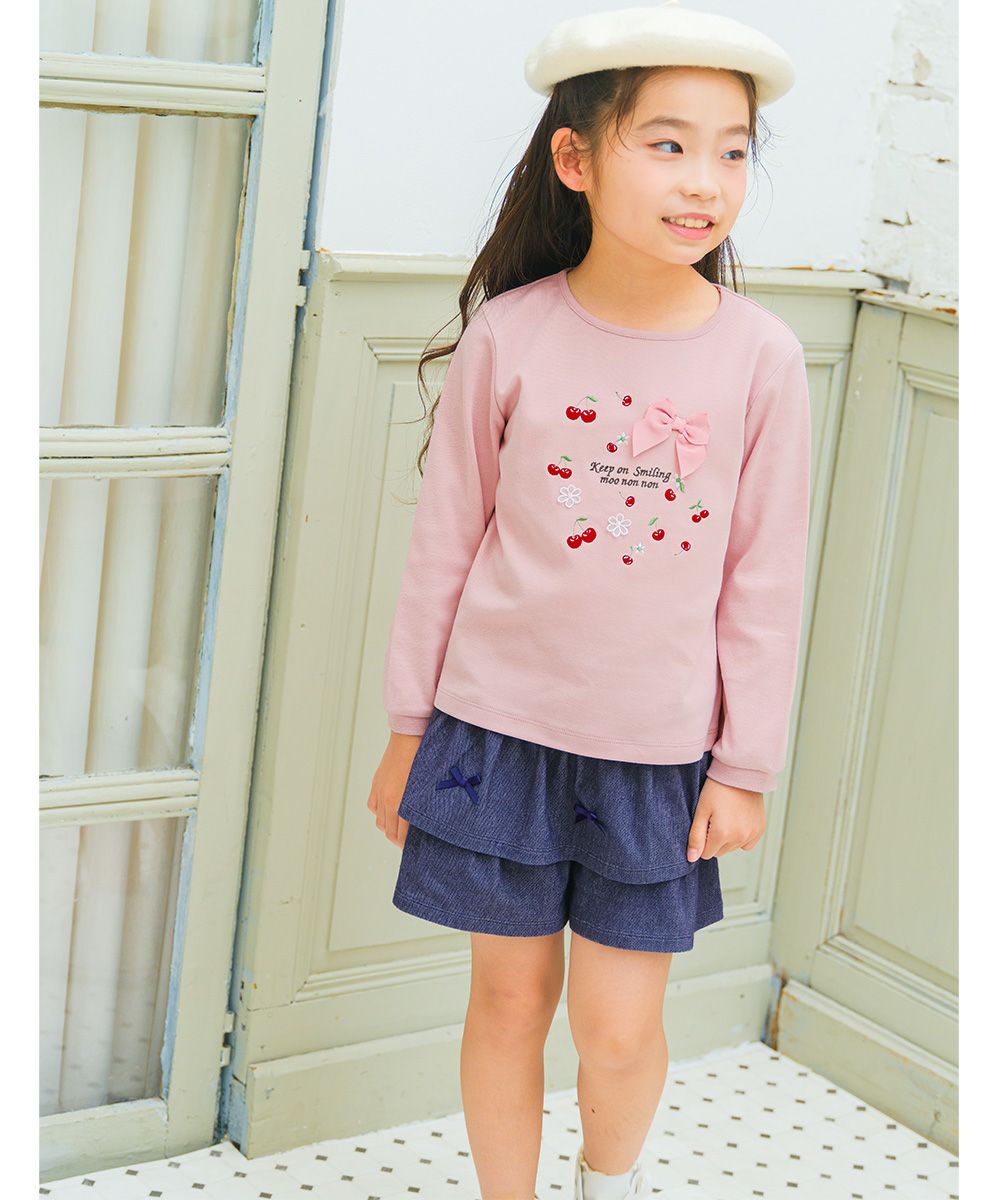 ベビー服 女の子 チェリー ロゴ刺繍 リボンつきTシャツ ピンク(02) モデル画像アップ