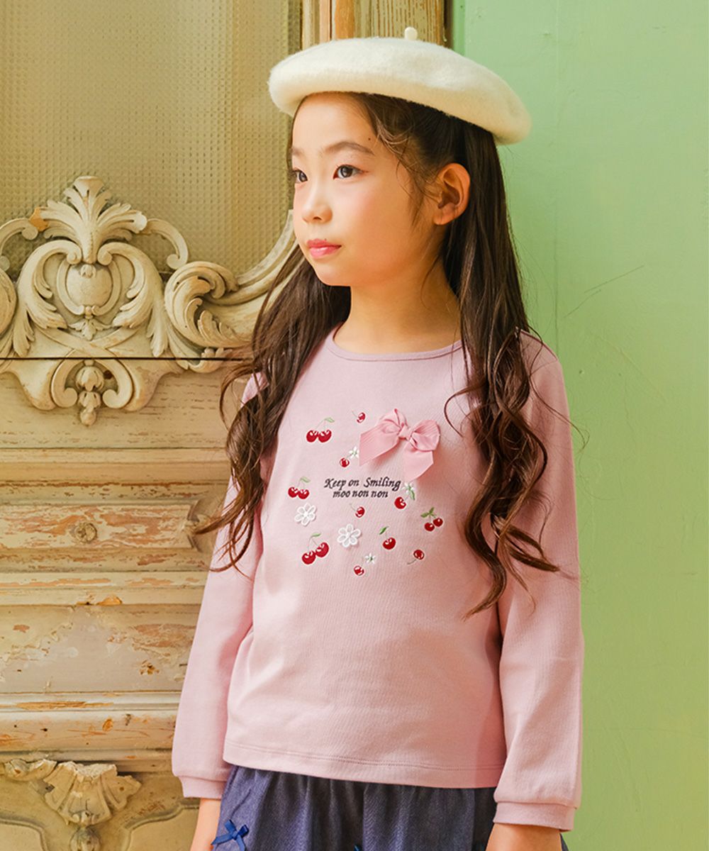 ベビー服 女の子 チェリー ロゴ刺繍 リボンつきTシャツ ピンク(02) モデル画像1