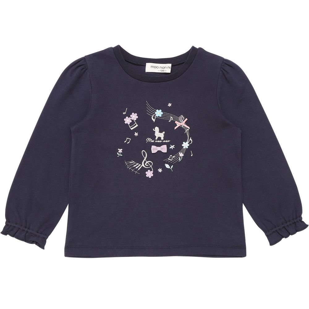 ベビー服 女の子 綿100％ 音符 ロゴ プードル刺繍 Tシャツ ネイビー(06) 正面