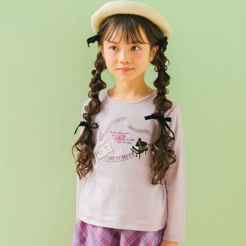 ベビー服 女の子 子ども服 キッズ ジュニア ピアノ 音符 刺? リボン つき カットソー ロンT