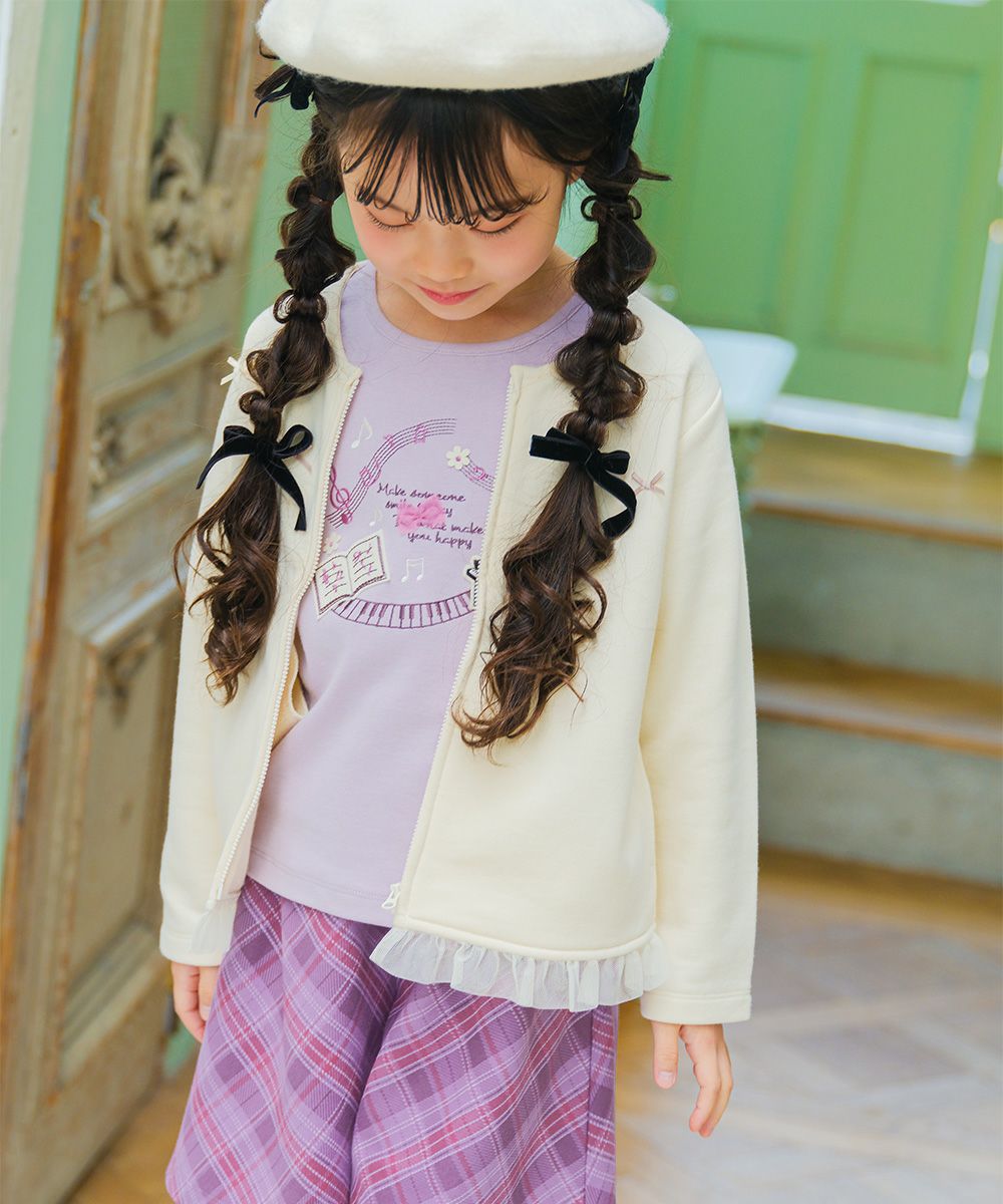 ベビー服 女の子 子ども服 キッズ ジュニア ピアノ 音符 刺? リボン つき カットソー ロンT パープル(91) モデル画像アップ