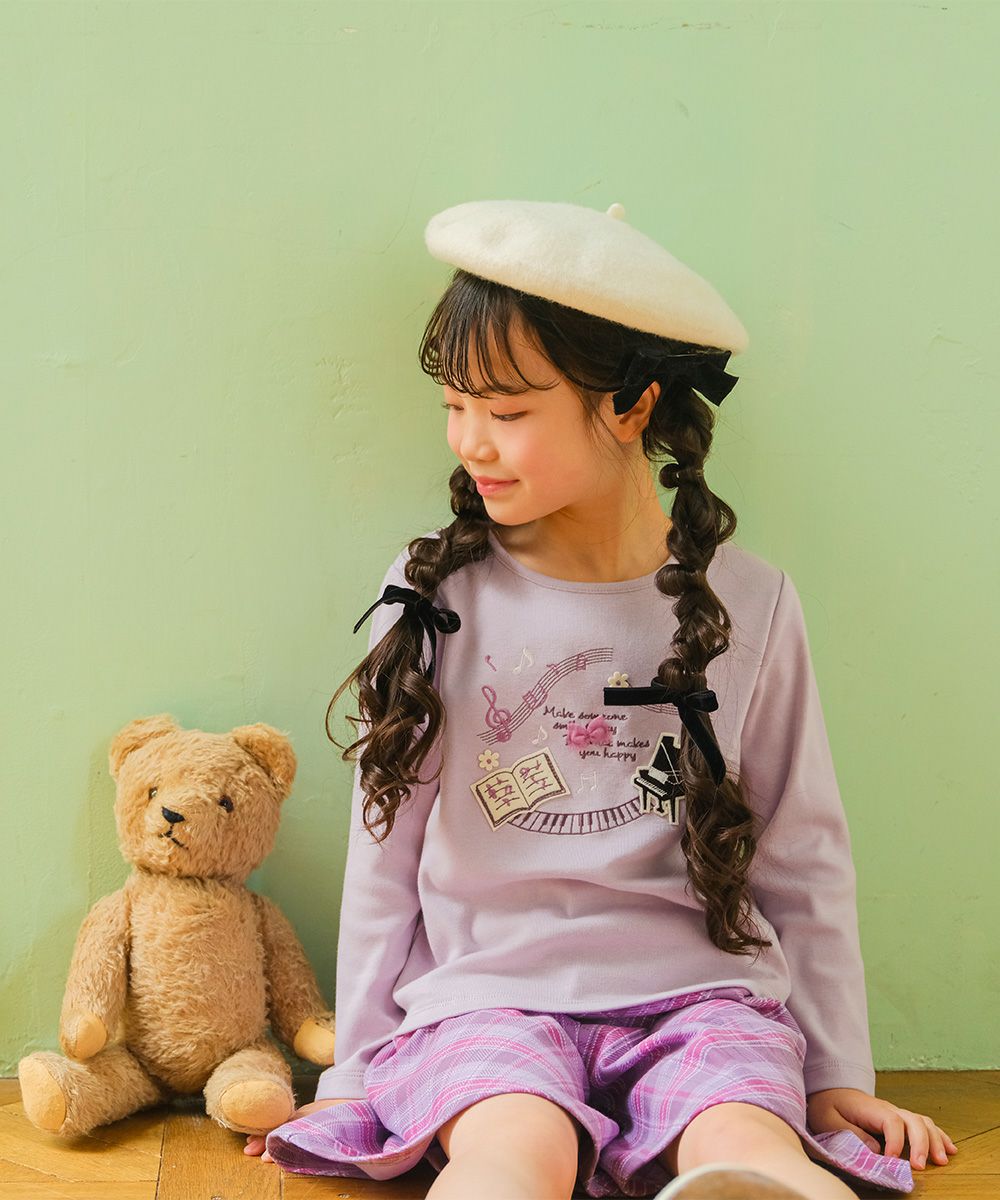 ベビー服 女の子 子ども服 キッズ ジュニア ピアノ 音符 刺? リボン つき カットソー ロンT パープル(91) モデル画像1