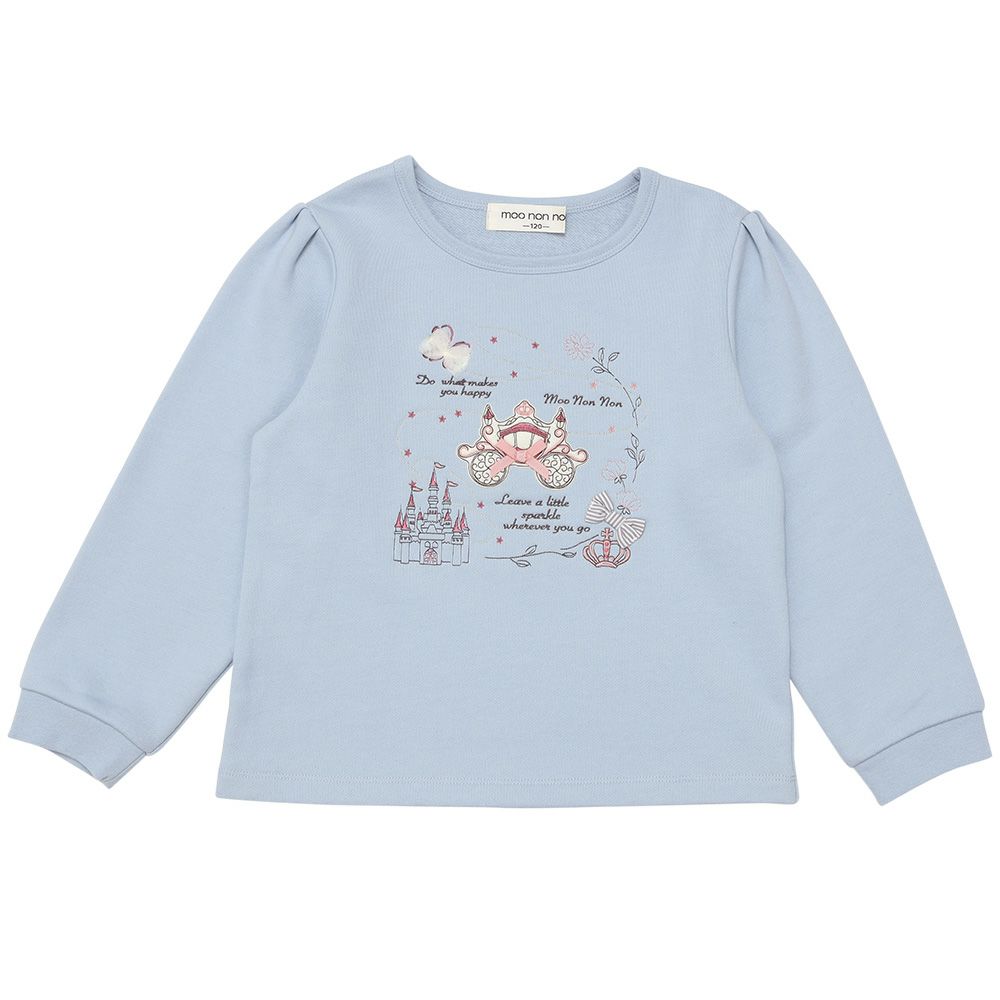 ベビー服 女の子 子ども服 キッズ 馬車 お城 ロゴ お花 刺繍 リボン 付き 裏毛 ブルー(61) 正面