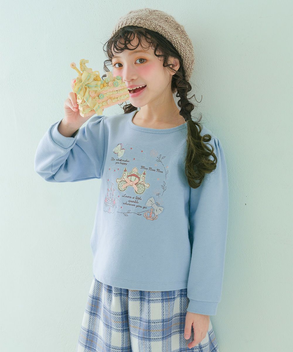 ベビー服 女の子 子ども服 キッズ 馬車 お城 ロゴ お花 刺繍 リボン 付き 裏毛 ブルー(61) モデル画像2