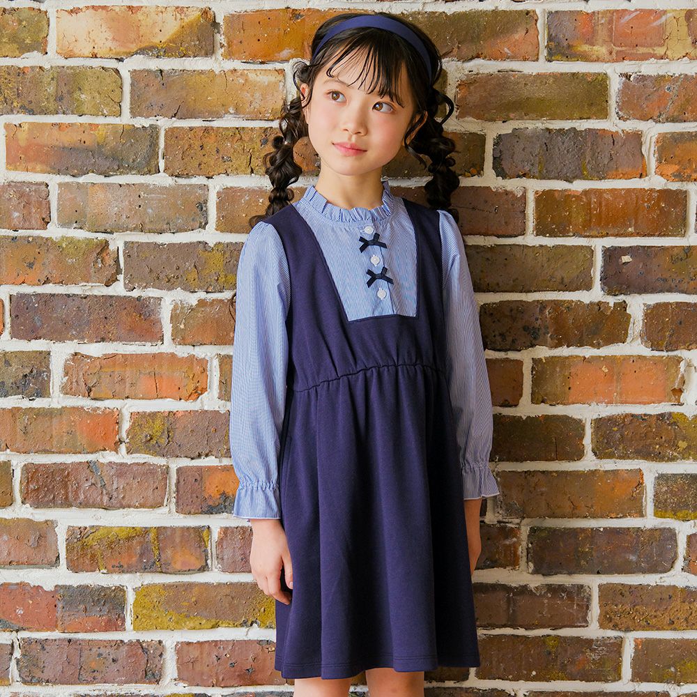 子供服 女の子 ストライプ柄シャツ 重ね着風 リボンワンピース