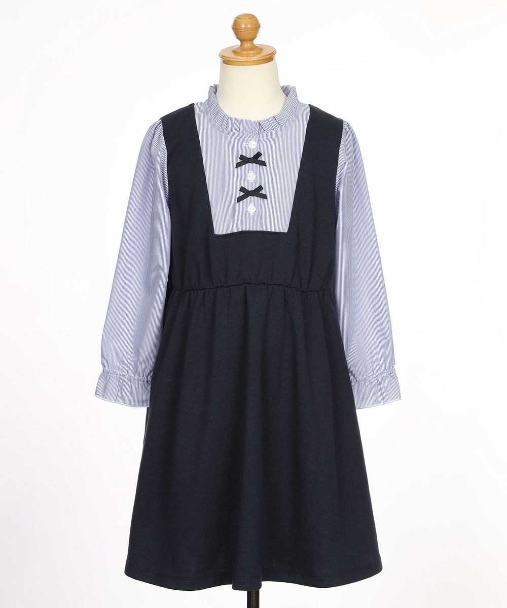 子供服 女の子 ストライプ柄シャツ 重ね着風 リボンワンピース ネイビー(06) トルソー背面