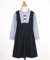 子供服 女の子 ストライプ柄シャツ 重ね着風 リボンワンピース ネイビー(06) トルソー背面