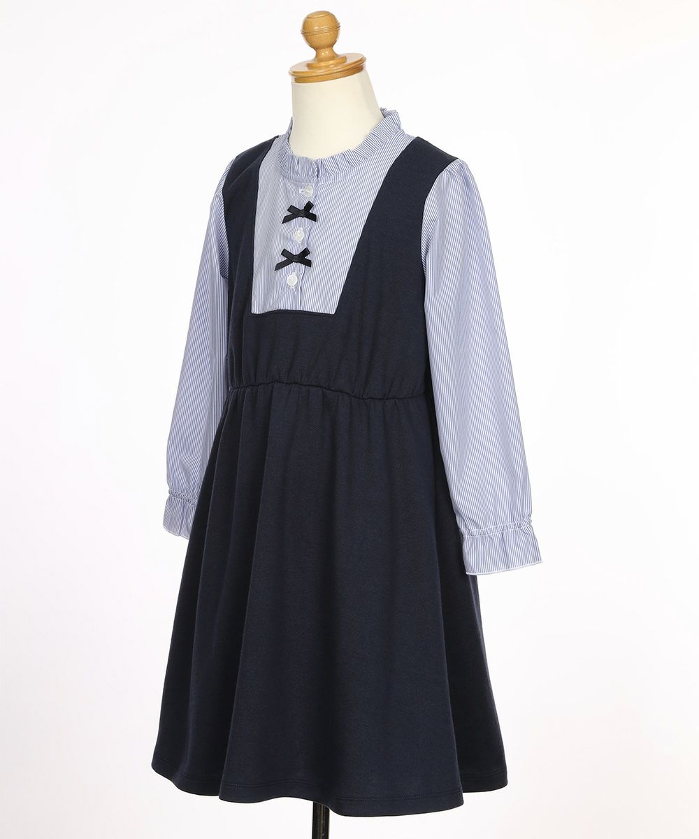 子供服 女の子 ストライプ柄シャツ 重ね着風 リボンワンピース ネイビー(06) トルソー斜め