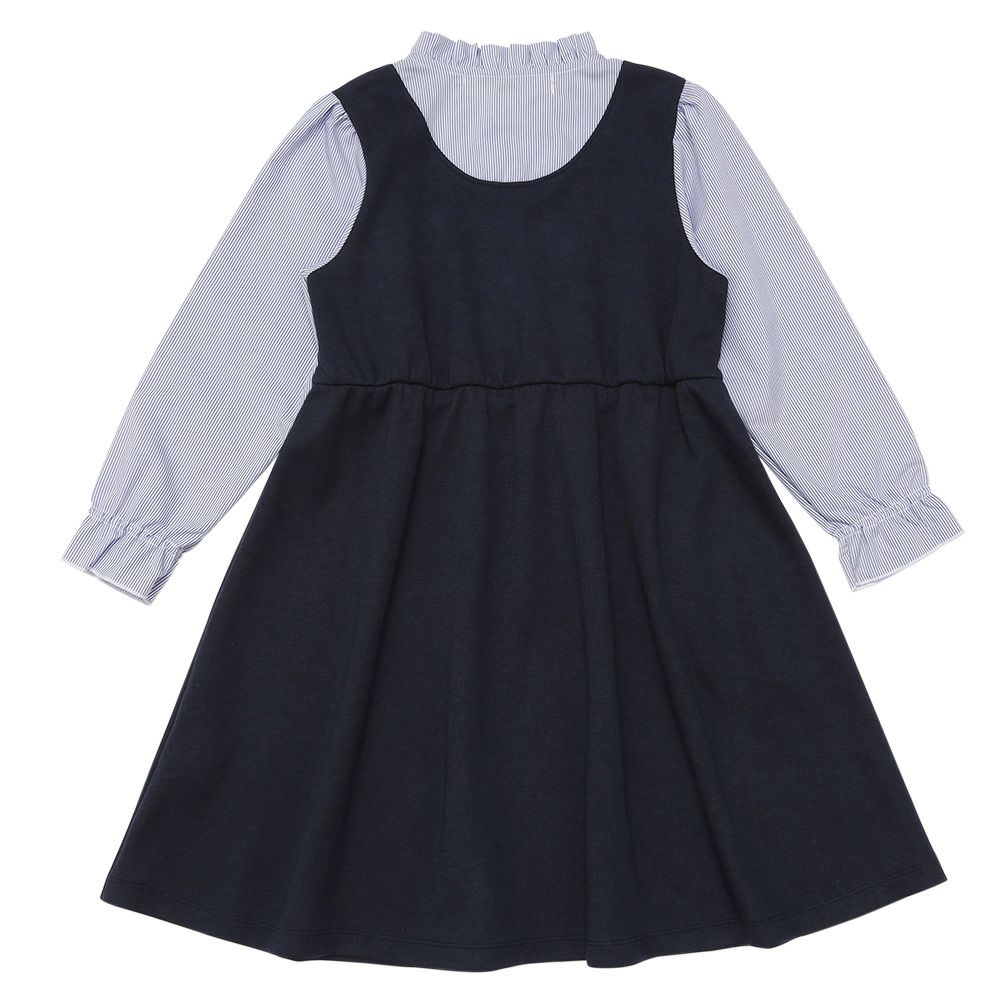 子供服 女の子 ストライプ柄シャツ 重ね着風 リボンワンピース ネイビー(06) 背面