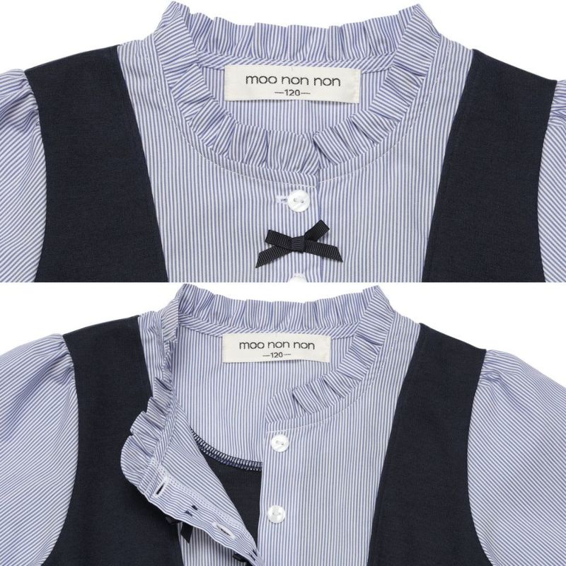 リボン レース 刺繍 ストライプ柄 ドッキングワンピース