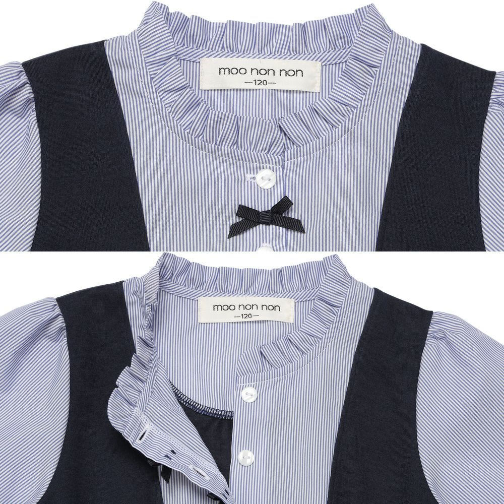 子供服 女の子 ストライプ柄シャツ 重ね着風 リボンワンピース ネイビー(06) デザインポイント1