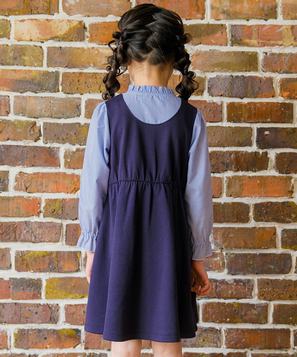 子供服 女の子 ストライプ柄シャツ 重ね着風 リボンワンピース ネイビー(06) モデル画像2